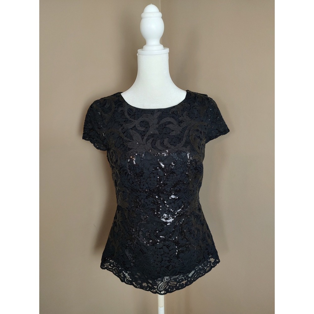 Brooks Brothers Black Lace Sequin Embellished Short Sleeve Top - Women's‎ Size 2